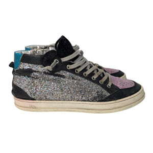 P448 Glitter Metallic High Top Side Zip Purple Grey Silver Sneakers Sz 40 US 10